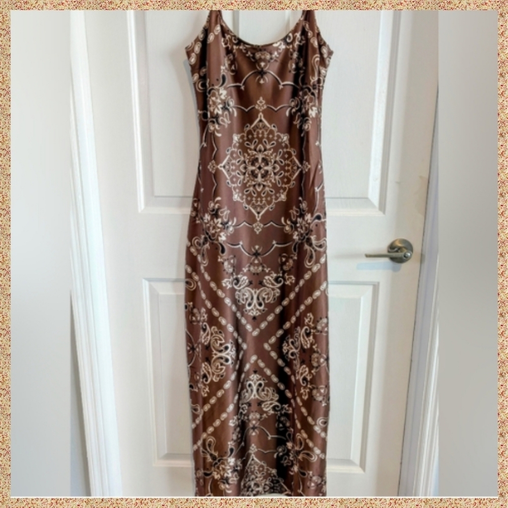 NWT Summer Cami Maxi Dress By Sincerely Jewels Size L Neutral Tan Brown Print
